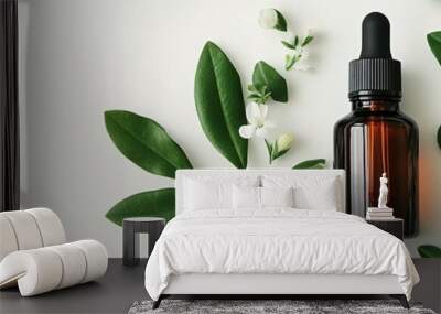 bottle of essential oil surrounded by herbs and flowers on green background.illustration Wall mural