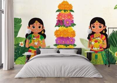 Happy Bathukamma Greetings In Telugu language Typography. Abstract Yellow Traditional floral Background Wall mural