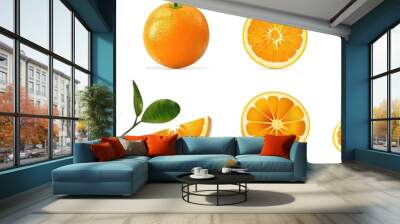 Orange oranges fruit, many angles and view side top sliced halved cut isolated on transparent background cutout, PNG file.illustration Wall mural