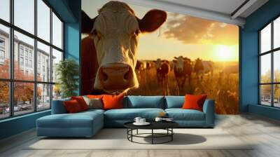 Close-up of a Cow in a Sunset Field Wall mural