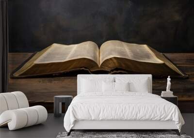 Open Bible on Wooden Table with Smoke in the Background Wall mural