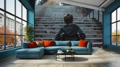 disabled boy in a wheelchair in front of a set of stairs Wall mural