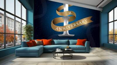 1st year anniversary celebration silver and gold logo with golden ribbon on dark blue background. vector illustrator Wall mural