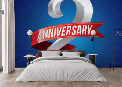 2 years anniversary celebration logotype. 2rd logo with red ribbons on blue background Wall mural