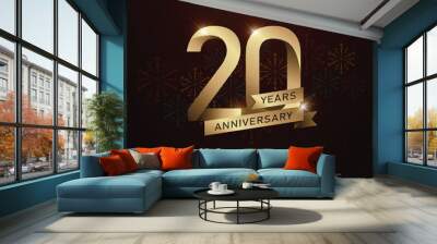 20th years anniversary celebration gold number and golden ribbons with fireworks on dark background. vector illustration Wall mural