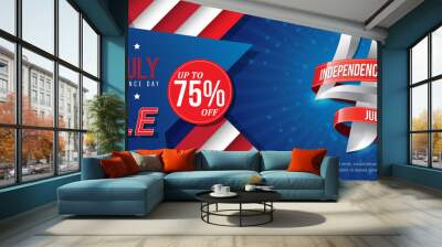 4th july happy independence day sale banner template design with red ribbons on blue back ground Wall mural