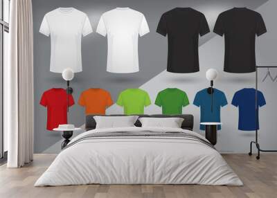 Men's t-shirt mockup, Set of black, white and colored t-shirts templates design. front and back view shirt mock up. vector illustration Wall mural