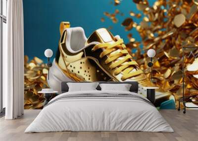 Gold sneakers, shoes on the floor, 
gold flake Wall mural