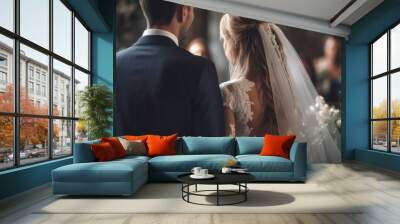 Back view of a bride and groom at a wedding ceremony, generative ai Wall mural