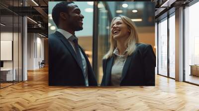 Smiling Business Professionals Having a Conversation in a Modern Office. Black Man and White Woman. Wall mural