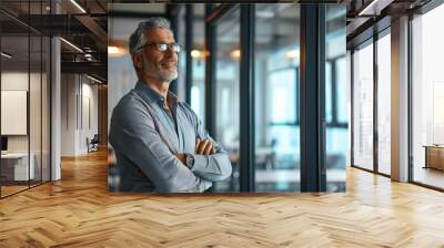 Happy proud mid aged older professional business man executive manager investor standing in office arms crossed leaning at glass wall looking away thinking of success, leadership, Generative AI Wall mural