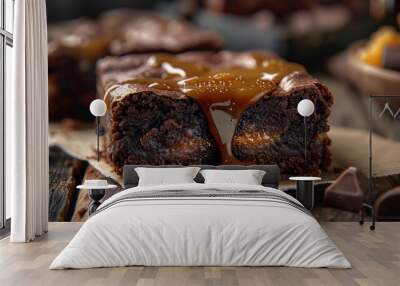  Salted caramel brownies, gooey center, crisp edges. Wall mural