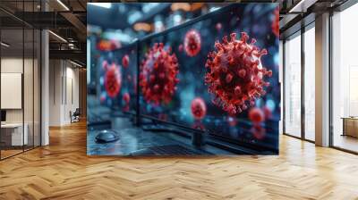 3D simulation of a virus undergoing mutation, displayed on a high-resolution monitor in a lab. Photorealistic. HD. Wall mural