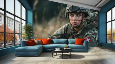 A military medic in combat uniform, providing first aid, in a field environment, photorealistik, solid color background Wall mural