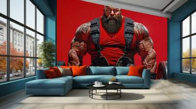 A professional strongman in competition gear, lifting a heavy weight, at a strongman competition, photorealistik, solid color background Wall mural