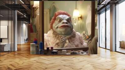 A toad standing in front of a mirror and applying makeup Wall mural