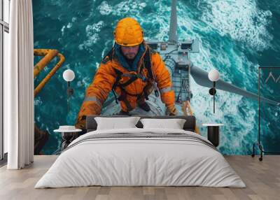 Aerial view of a offshore wind turbine maintenance platform, with workers in safety gear and tools Wall mural