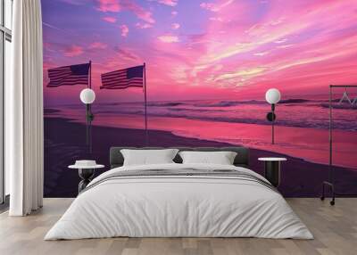 American flags on beach at sunset, vibrant pink and purple sky, ocean waves in background Wall mural