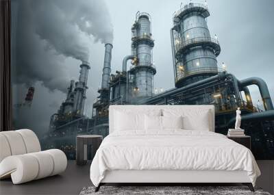 Artistic depiction of a carbon capture and storage facility, with pipes and filters against a grey sky Wall mural