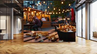 Canadian poutine, urban eatery, casual vibe, evening city lights. Wall mural