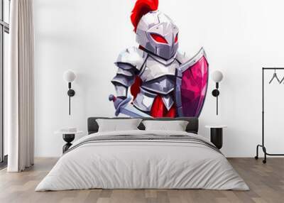 Cartoon knight with sword and shield in stylized white armor Wall mural