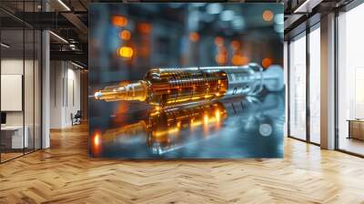 Close up of medical syringe with transparent liquid, medical labels, and reflections Wall mural