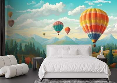 Colorful hot air balloons floating over a scenic landscape background. Created with Generative AI technology Wall mural