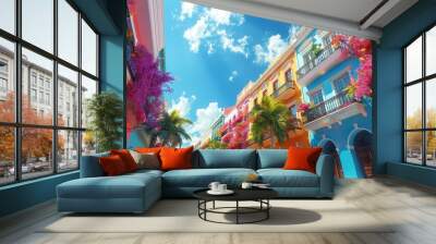 Exploring the colorful streets of Old San Juan, vibrant buildings, tropical atmosphere. Photorealistic. HD. Wall mural