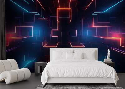 Geometric background with neon outlines and depth perspective Wall mural