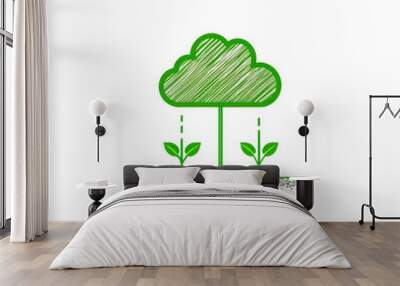 Green cloud raining over growing plants with white background Wall mural