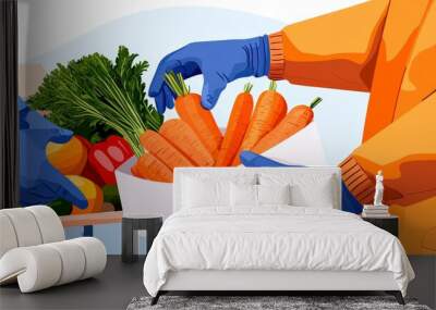 Hands holding fresh carrots with vegetables in the background Wall mural