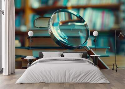 Magnifying glass on a stack of books with a shiny surface reflecting light beams. Wall mural