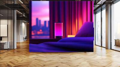 Modern bedroom interior with smart speaker and cityscape view at sunset Wall mural