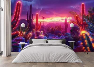 Neon desert oasis with cacti lights and earthy tones Wall mural