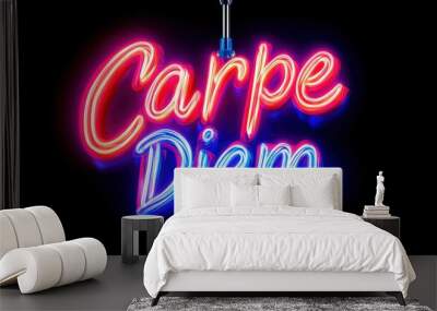 Neon lights with inspiring message carpe diem on black background Wall mural