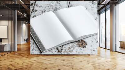 Open blank book on a rustic white wooden surface Wall mural