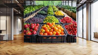 Pallets of fresh produce being loaded onto trucks in a food processing plant, farm-to-table distribution Wall mural