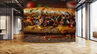 Philly cheesesteak, melted provolone, onions and peppers, hoagie roll. Photorealistic. HD. Wall mural