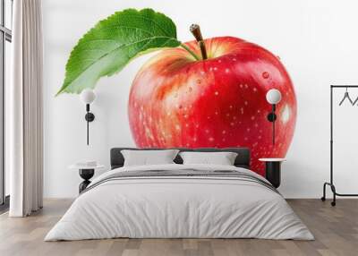 Ripe red apple with single green leaf, white background Wall mural