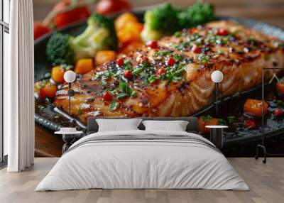 Salmon teriyaki, glazed and grilled, with steamed vegetables. Photorealistic. HD. Wall mural