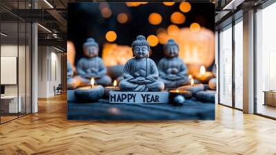 Serene buddha statues with candles celebrating the new year in peace Wall mural