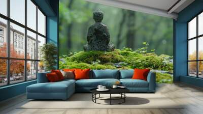 Tranquil meditation corner in a mossy forest, embodying the essence of nature and calm, solid color background, 4k, ultra hd Wall mural