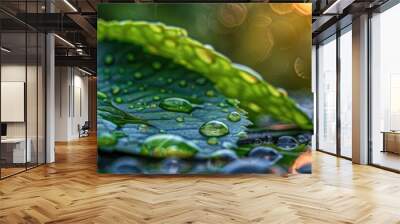 Water droplets on a leaf with solar panels in the background, vibrant green colors Wall mural