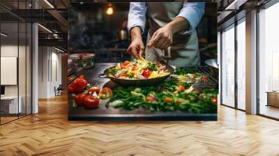 chef preparing food, close-up of chef cooking meat in the kitchen, chef cooking delicious foods in the kitchen, man in the kitchen, cooking man close-up Wall mural