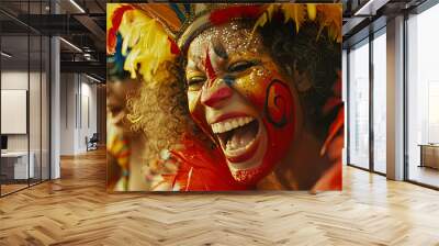 close up of a carnival mask, close up of a carnival scene in the brazil, face with carnival mask, colored faces Wall mural