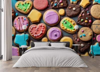 delicious sweets on abstract background, sweets, chocoltae, donuts, sweet colored biscuits Wall mural