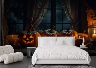 halloween scene, scary pumpkin, candles in the dark, halloween pumpkin Wall mural