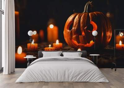 halloween scene, scary pumpkin, candles in the dark, halloween pumpkin Wall mural