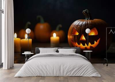 halloween scene, scary pumpkin, candles in the dark, halloween pumpkin Wall mural