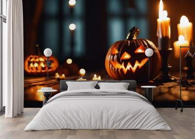 halloween scene, scary pumpkin, candles in the dark, halloween pumpkin Wall mural